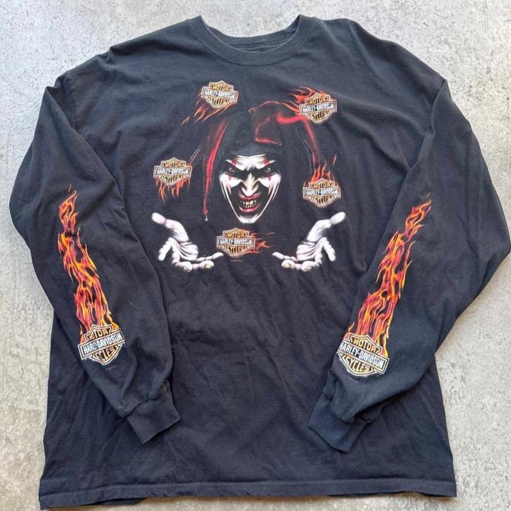 Harley Davidson Shirt Mens X-Large Clown Jester Flame Sleeve L 2 Sided Black
